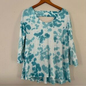 🦋Soft Surroundings Blue White Tie Dye Mid Sleeve Blouse Comfy Soft Large Casual